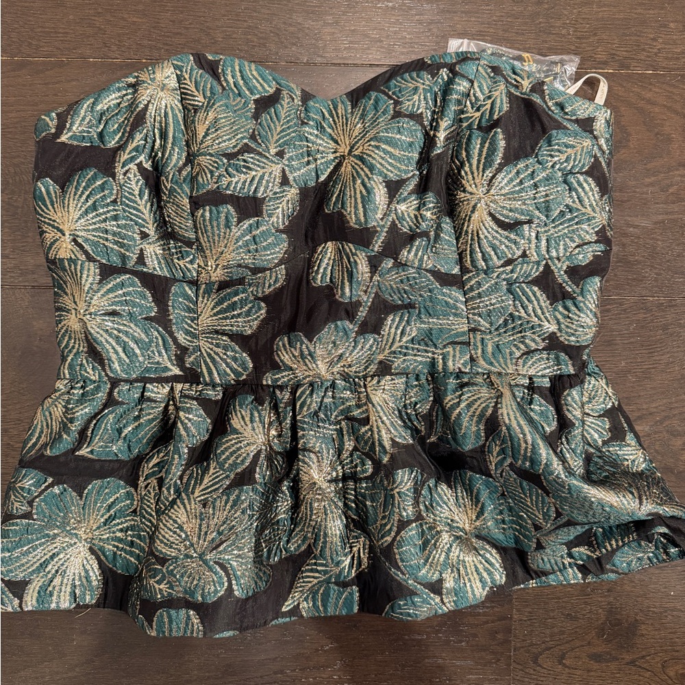 NWT Lilly Pulitzer Black Teal Floral Strapless Peplum Stephanie Top